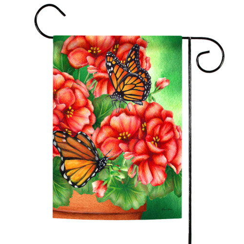 Red Geraniums and Monarch Butterflies Outdoor Garden Flag 18" x 12.5"