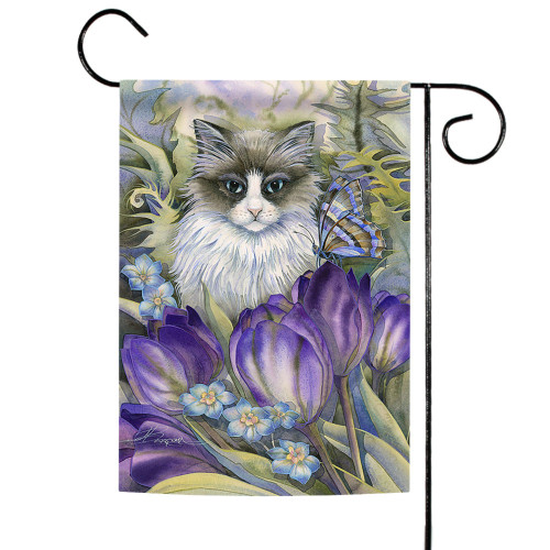 Purple and Green Cat in Garden Outdoor Flag 18" x 12.5"