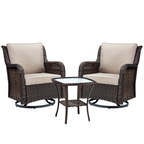 3-Piece Rattan Outdoor Bistro Set with Beige Cushions and Armored Glass Top Table