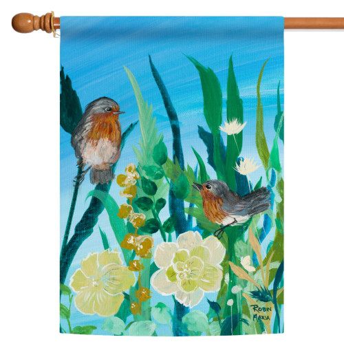 Blue and Green Birds and Blossoms Outdoor House Flag 40" x 28"