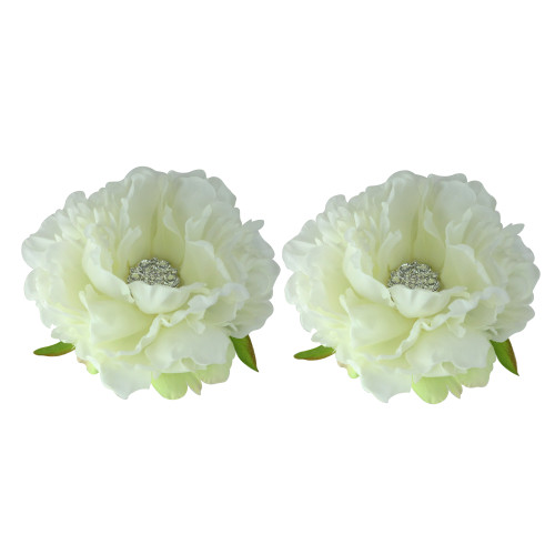 Set of 2 Cream Peonies Floating Artificial Flowers 4.5" with Rhinestone Center