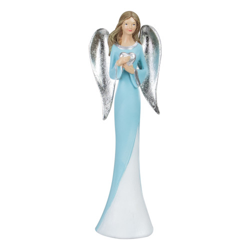 16" Blue and White Angel Figure Holding a Heart Tabletop Figurine