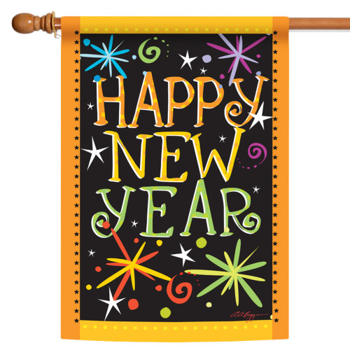 Fireworks "Happy New Year" Outdoor Flag - 40" x 28" - Black and Yellow