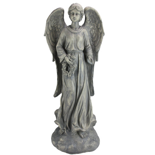 26" Distressed Finish Angel with Floral Wreath for a Serene Garden Ambiance