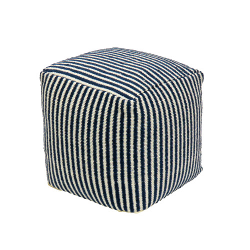 16" Navy and Beige Striped Square Hand Woven Outdoor Patio Pouf Ottoman