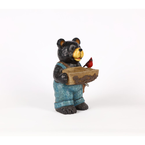 16" Bear Holds Birdbath with Cardinal Outdoor Garden Figurine