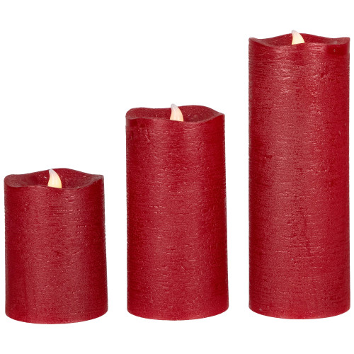 Set of 3 Brushed Red Flickering Flameless LED Wax Pillar Candles 8"