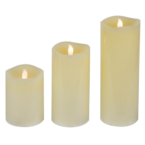 LED Flickering Flameless Wax Pillar Candles - 8" - Cream - Set of 3