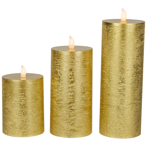 Set of 3 Gold LED Flickering Flameless Pillar Christmas Candles 8.75"