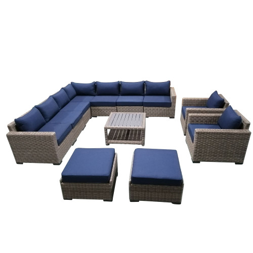 12-Piece Wicker Outdoor Sectional Set with Blue Cushions and Coffee Table 119.5"