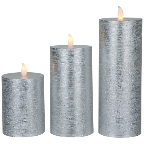 Set of 3 Flameless Brushed Silver Flickering LED Wax Pillar Candles 8"