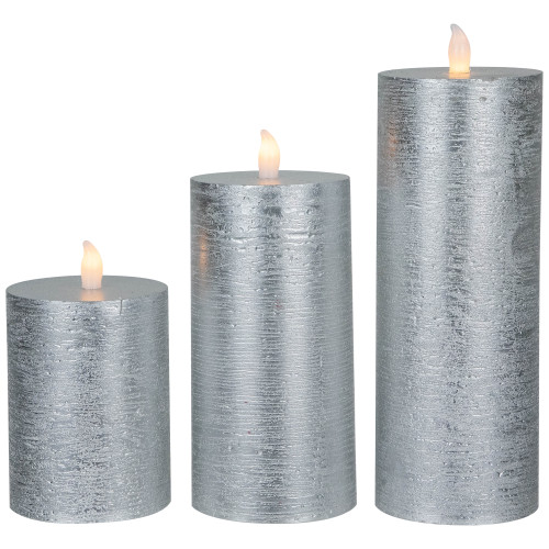 Flameless Flickering LED Wax Pillar Candles - 8" - Brushed Silver - Set of 3