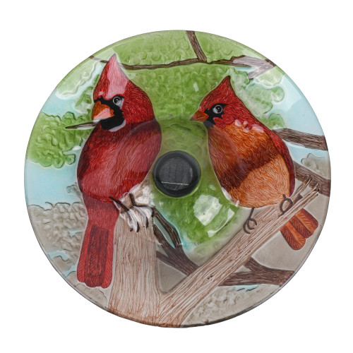 21" Red and Green Cardinals Outdoor Glass Solar Bird Bath with Stand