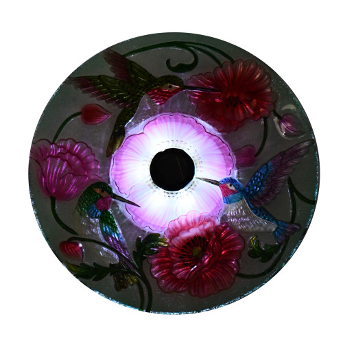 Hummingbird and Poppies Glass Outdoor Solar Bird Bath - 21"