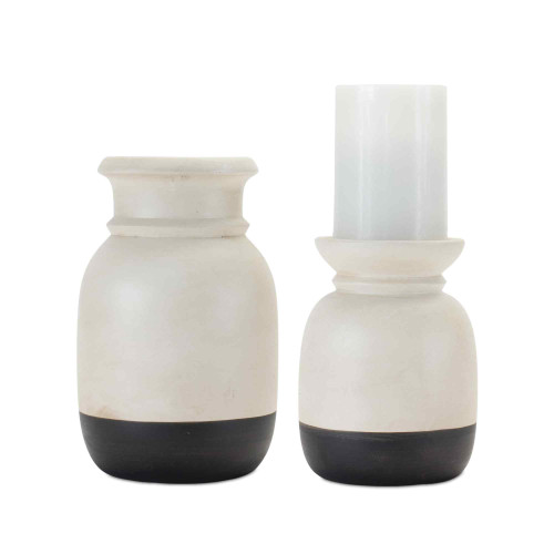 Rustic Ceramic Candle Holders - 8.25" - White and Black - Set of 2