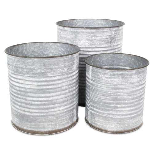 Set of 3 Galvanized Ridged Outdoor Planter Pots 17.75"