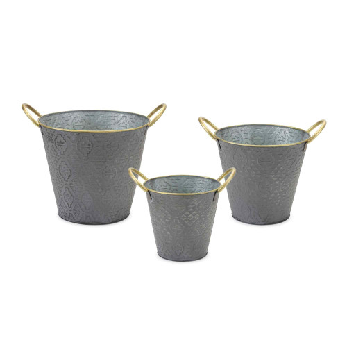 Set of 3 Gray and Gold Aztec Pail Planters 13"