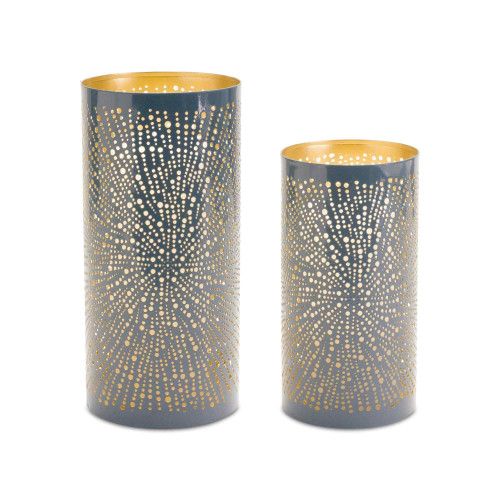 Punched Starburst Candle Holders - 10" - Gold and Blue - Set of 2