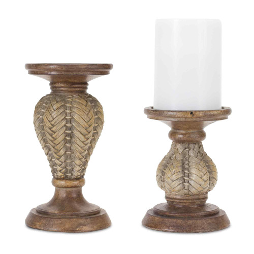 Woven Wood Pillar Candle Holders - 9" - Brown - Set of 2