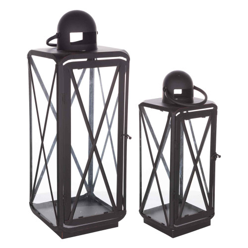 Set of 2 Black Traditional Curved Candle Lanterns with Cross Paned 23"