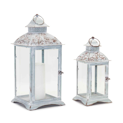 Floral Stamped Candle Lanterns - 22.75" - White - Set of 2