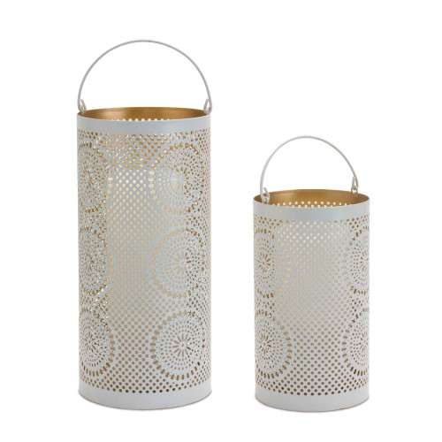 Punched Candle Lanterns - 10.75" - White and Gold - Set of 2