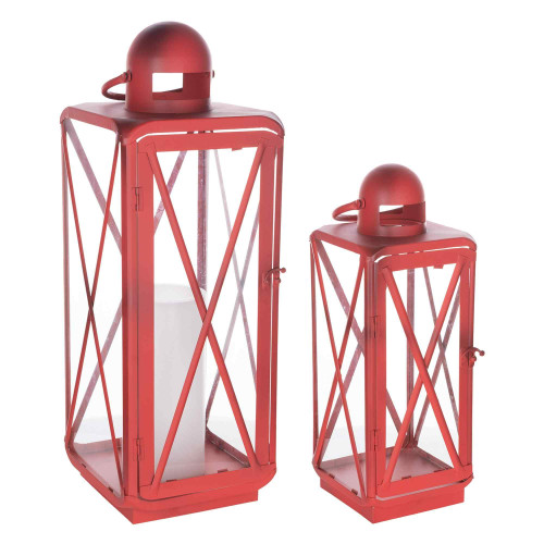 Curved Candle Lanterns with Cross Paned - 23" - Red - Set of 2