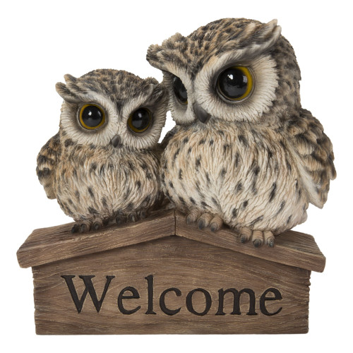 6.25" Mother and Baby Owl with Welcome Sign Outdoor Garden Statue