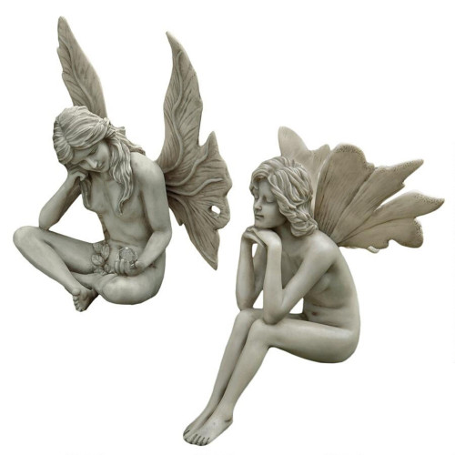 Set of 2 Sitting Fairies Outdoor Garden Statues 11.5"