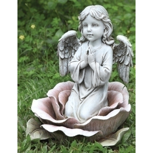 11" Angel Kneeling in Rose Outdoor Garden Statue