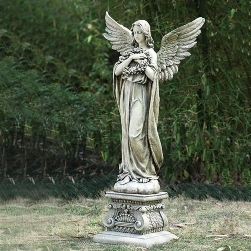 48" Angel Holding Wreath Outdoor Garden Statue