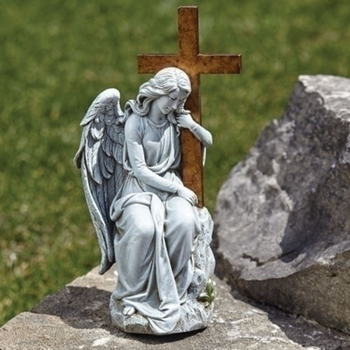 13" Angel with Cross Religious Outdoor Garden Statue