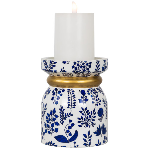 Floral Wooden Candle Holder - 6" - White and Blue