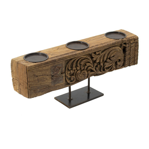 Hand-Carved Wooden 3 Pillar Candle Holder with Stand - 22.5"