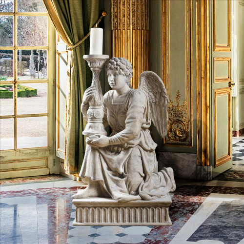 Michelangelo's Kneeling Outdoor Angel Statue with Candle Holder - 36" - Cream and Gray