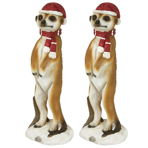 Merry Meerkat Holiday Greeter Outdoor Statue - 15" - Brown and White - Set of Two