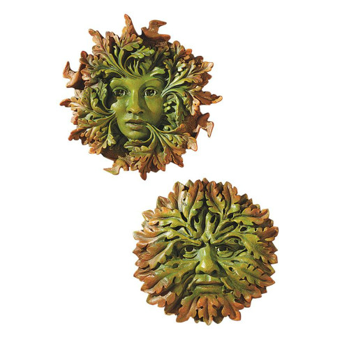 Greenwoman and Greenman Outdoor Garden Wall Sculptures - 8.5" - Green and Brown - Set of 2