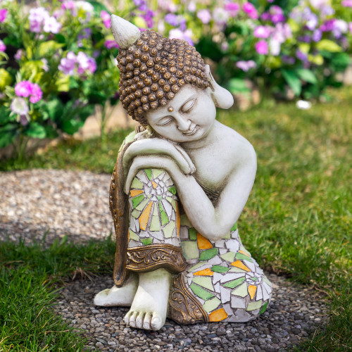 Resting Mosaic Buddha Outdoor Ceramic Garden Statue - 17"