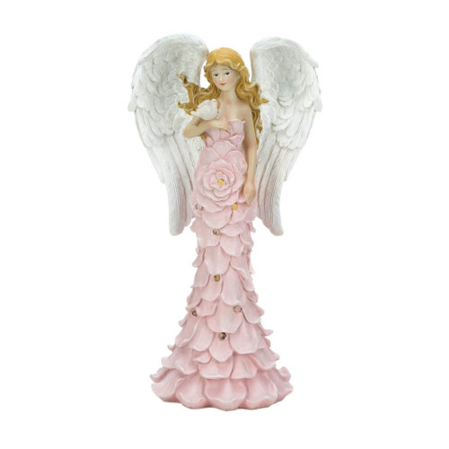 Solar Powered Rose Angel Outdoor Garden Statue - 14" - White and Pink