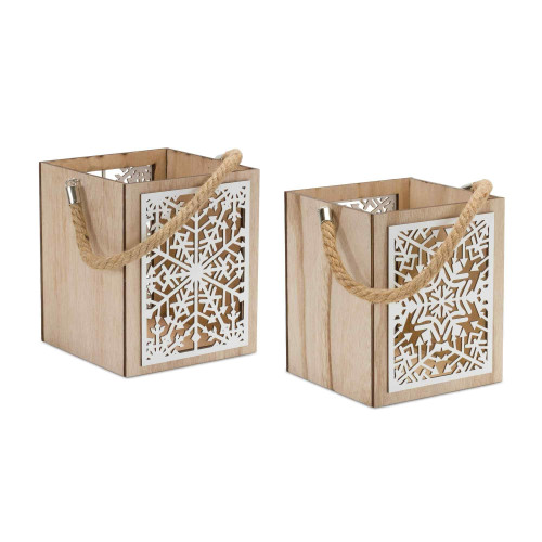 Snowflake Wooden Candle Lanterns - 14" - Brown and White - Set of 4