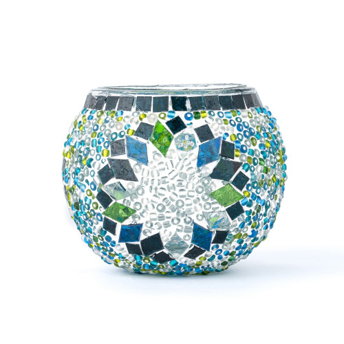 Handcrafted Mosaic Glass Votive Candle Holder - 3.5" - White and Blue