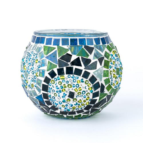 Handcrafted Mosaic Glass Votive Candle Holder - 3.5" - Blue and White