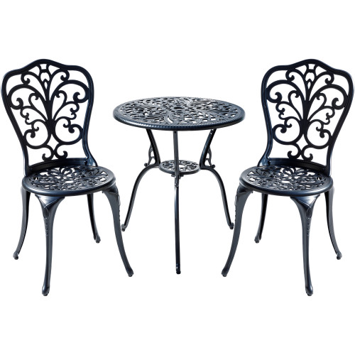 3-Piece Cast Aluminum Outdoor Bistro Set with LED Lights - 35" - Black