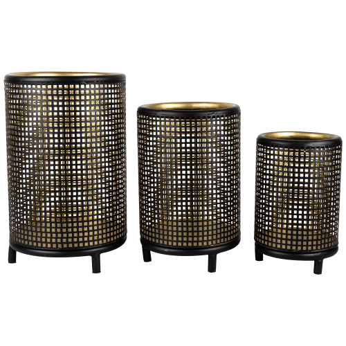Iron Grid Pillar Candle Holders - 12" - Black and Gold Finish - Set of 3