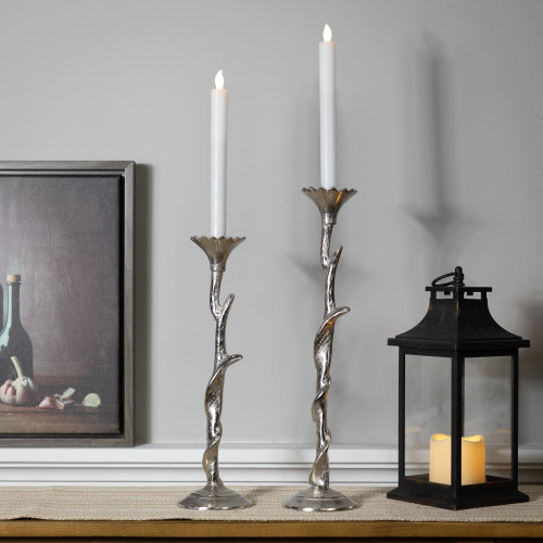 Floral Metal  Taper Candle Holders - 16" - Silver Finish - Set of 2