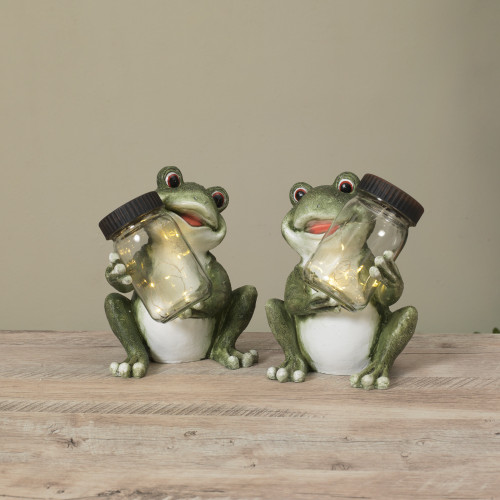 Solar Powered Outdoor Frog Garden Statues - 8.5" - Set of 2