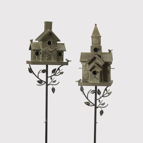 Functional Birdhouse Yard Stake - 75.75" - Silver