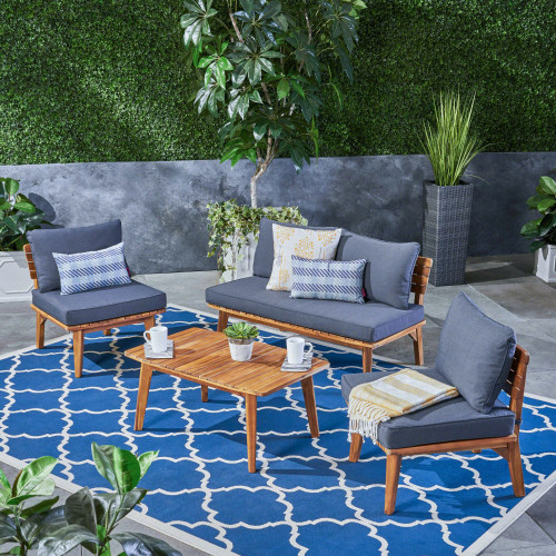 4pc Gray and Brown Contemporary Outdoor Chat Set with Cushions