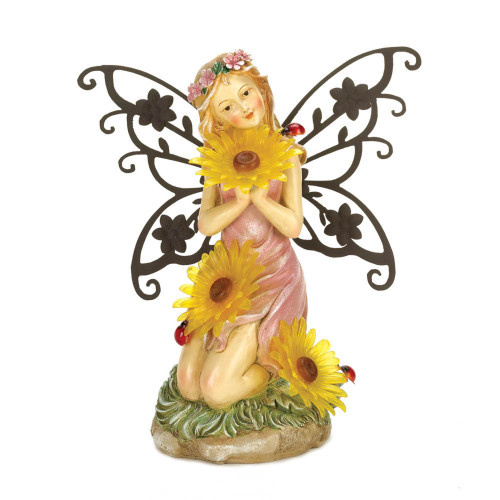 11.5" Yellow Solar Powered Fairy Outdoor Garden Statue