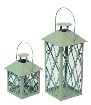 Set of 2 Sage Green Decorative Floral Pillar Candle Lanterns